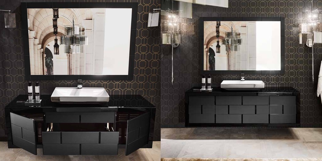 Комбинация ванной комнаты R03 в отделке VETRO extrachiaro nero MILLDUE RITZ RITZ03 - Вид №1