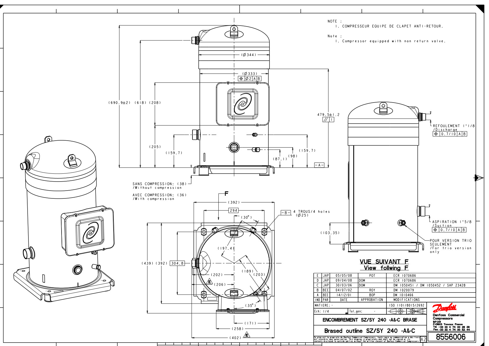 Danfoss SY — Герметичные спиральные компрессоры, R22, R134a, R407C SY240A4CBI Компрессор спиральный SY240A4CBI  - Вид №12
