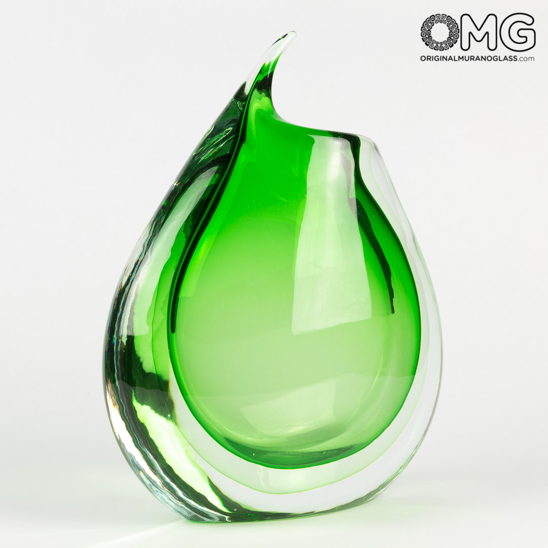 2876 ORIGINALMURANOGLASS Ваза Зелёный тигр - соммерсо - Original Murano Glass OMG 20 см  - Вид №1