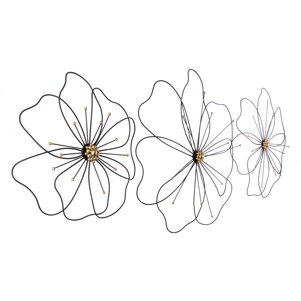 Панно на стену из металла 3 в 1 black flowers / чёрные цветы EVENHOME ДИЗАЙНЕРСКИЕ 129718 Чёрный;золотой  - Вид №1