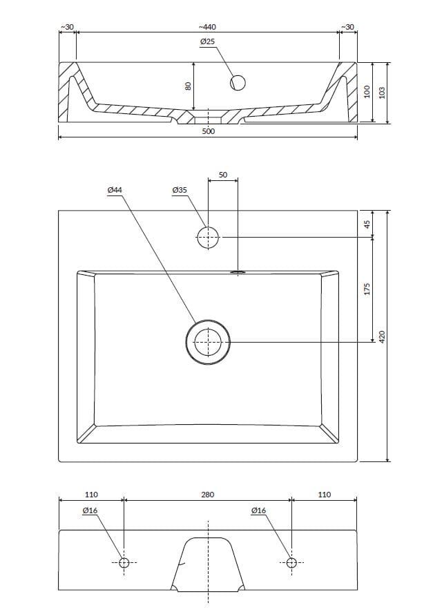 Подвесная раковина / столешница из композитного материала с переливом OMNIRES Thasos M+ ARCH-00033971 - Вид №3