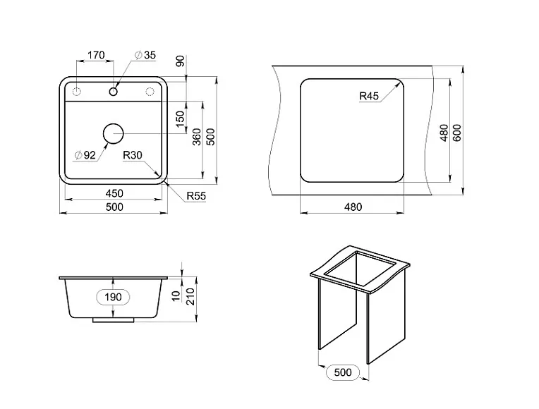 5001, БАЗАЛЬТ, кухонная мойка, СтандАРТ кварц GRANULA Standart 5001-ST32 - Вид №2