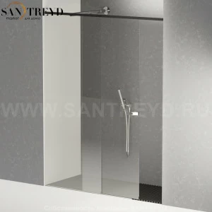 Душевое ограждение FLAT D подрезаемое, стеклянная нишевая с подвижной дверью экстрапрозрачная перегородка с держателем и встроенным душем с поддоном из темного дуба. Размеры: глубина от 70 до 100 см, длина от 180 до 240 см