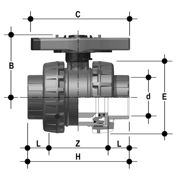 SANIT 305050210 2-ходовой шаровой кран R 2 1/2 "- 4", VXE-Easyfit, PVC-U, резьбовые втулки  - Вид №1