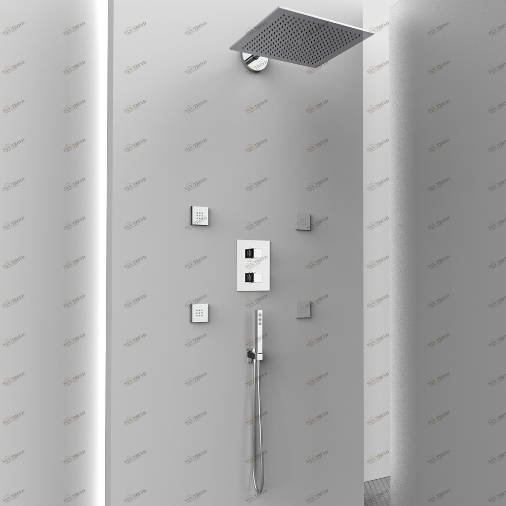 Graffio Квадратная внутренняя часть душа. <br /> Кронштейн, лейка для душа, 3-х сторонний термостат, <br /> подключение к воде с / при, душ и гибкий шланг, 4 жетона. AM430 T 