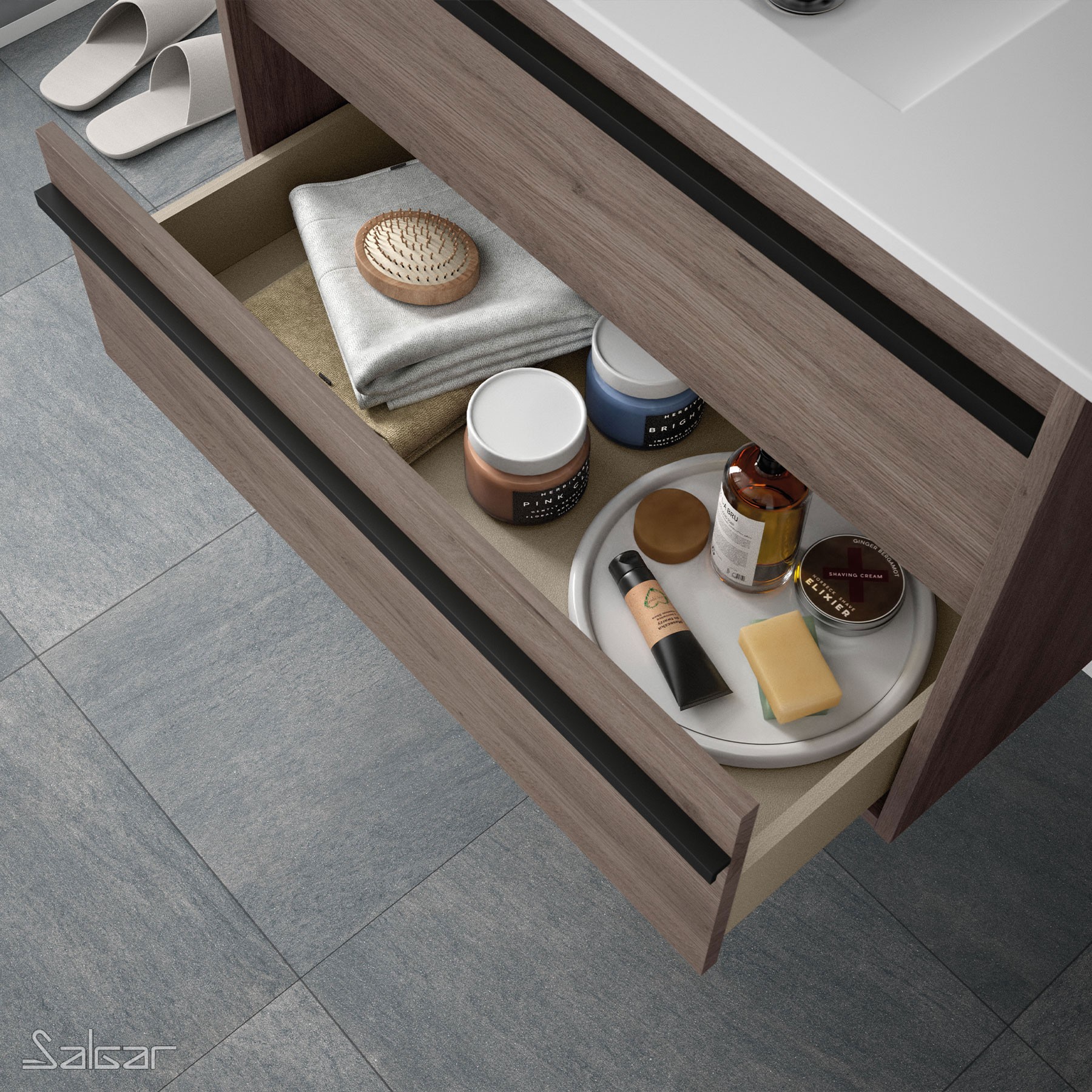 84952 SALGAR Комплект мебели для ванной ATTILA 1000 ETERNITY OAK + Раковина + Зеркало + Свет Робл Вечность - Вид №2