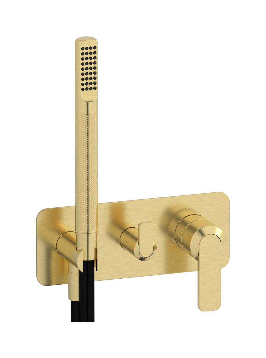 Внешние части встроенного в стену смесителя на 3 потребителя в комплекте с душевым гарнитуром. WE ARE IB c6314is Brushed Pale Gold C-67