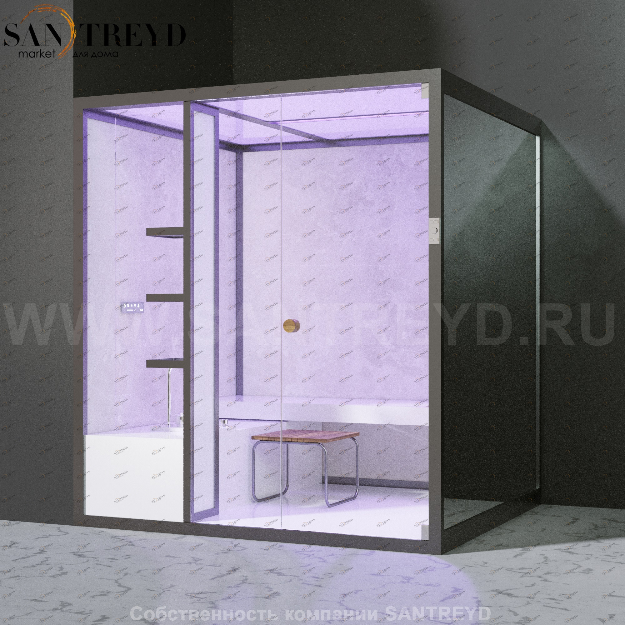 Effegibi BODYLOVE H BL30010005 Хаммам. Установка: в левый угол. Мощность: 7 кВт макс. Размеры: длина 200 см, ширина 176 см. Отделка: светлый керамогранит и зеркало.