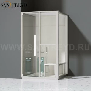 Effegibi H SMALL LO82020003 Комбинированная баня: хаммам и душ. Установка: в левый угол. Правая дверь. Мощность: 3 кВт макс. Размеры: длина 131 см, ширина 92 см. Отделка: матовый лакированный белый аллюминий и серый ламинат из керамогранита.