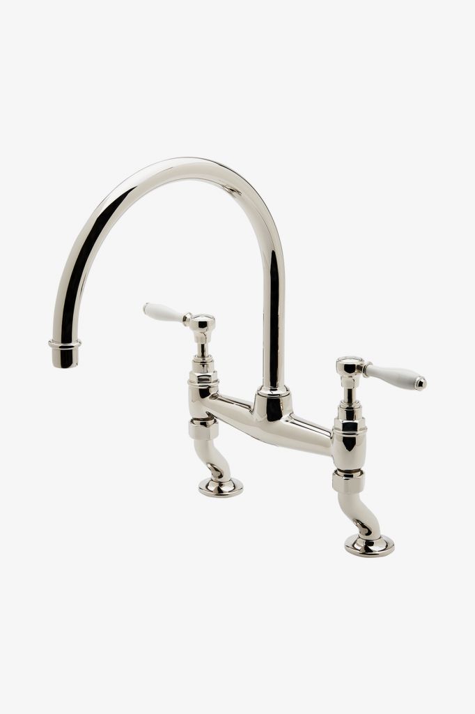 EAKM13 Смеситель для кухни Gooseneck моста Easton винтажный с двумя отверстиями, белые ручки рычага фарфора Waterworks 