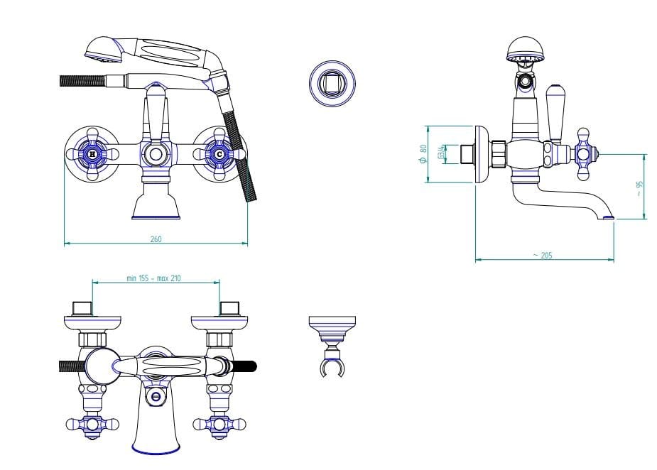 Настенный смеситель для ванны с 2 отверстиями и ручным душем Zazzeri 800 ARCH-00123827 - Вид №2