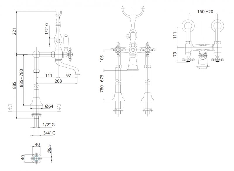 Напольный смеситель для ванны с ручным душем, шлангом 150 см CEZARES LORD-VDP-02-Bi - Вид №1