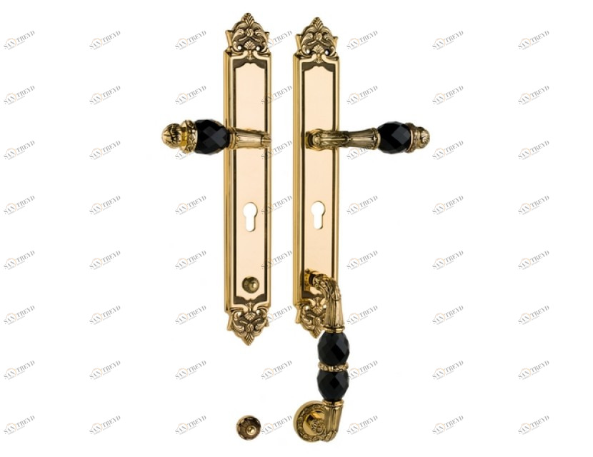 0J3705.SN0.34 Комплект входной двери с черным кристаллом сваровски и европрофилем 85мм Сатинированная латунь и черный патин Mestre 