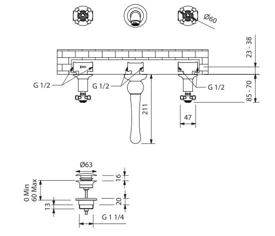 Настенный смеситель для раковины с 3 отверстиями Park Avenue Hopkins ARCH-00056803 - Вид №2