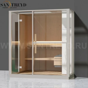 Effegibi LOGICA S LO20020015 Сауна. Установка: в правый  полуугол. Правая дверь. Мощность: 6 кВт макс. Размеры: длина 214 см, ширина 250 см. Отделка: канадский хемлок, матовый лакированный белый аллюминий и серый ламинат из керамогранита.