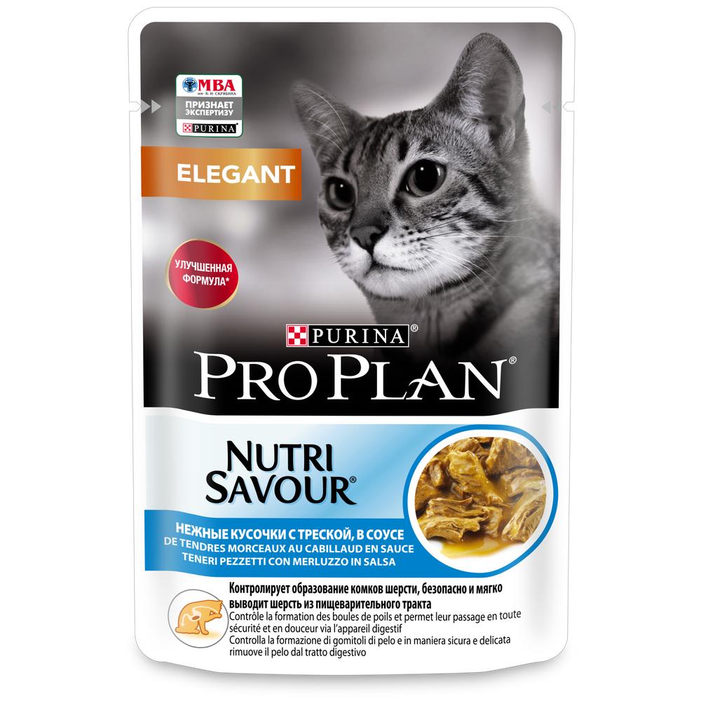 ПР0043979 Корм для кошек NutriSavour при чувствительной коже, нежные кусочки с треской, в соусе, пауч 85 г Pro Plan 