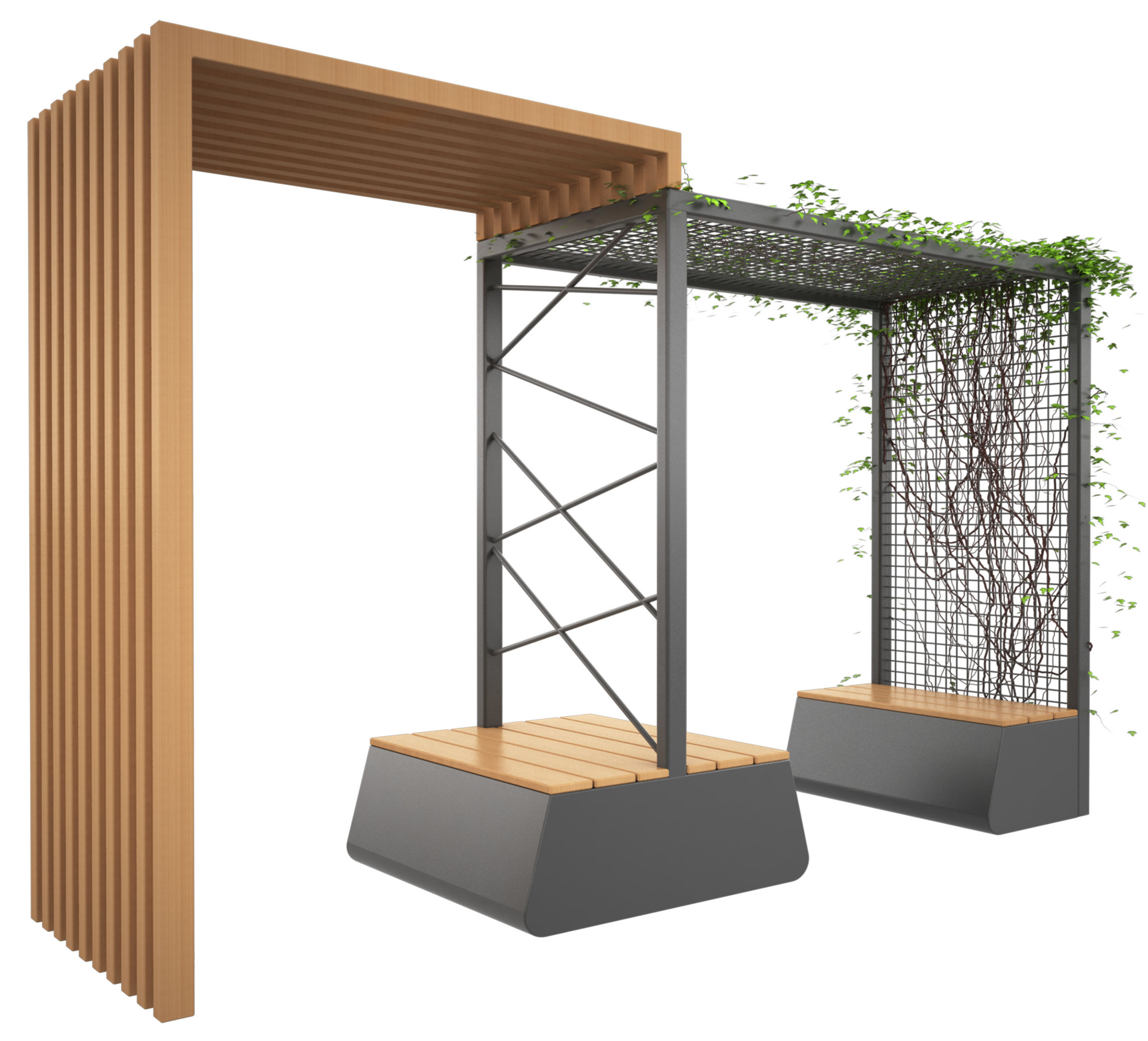 14213 ГОРДОН Modern Nature 01, скамья уличная с перголами для вьющихся растений LAB.Space 