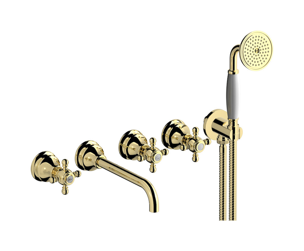 Настенный смеситель для ванной на 5 отверстий с дивертером и душевым гарнитуром. WE ARE IB hr398ii Pale Gold Hermes