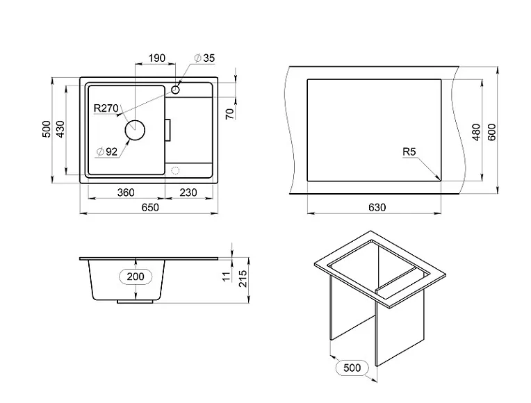 6503, ЧЁРНЫЙ, кухонная мойка, кварц GRANULA 6503-ST156 - Вид №3