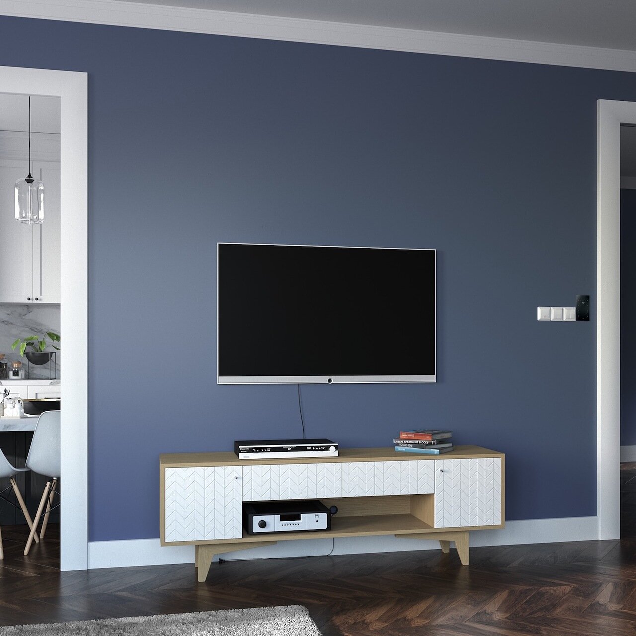 Тумба под телевизор с ящиками с рисунком на фасадах "Елка" Telly BRAGIN DESIGN  256460 Бежевый;белый  - Вид №1