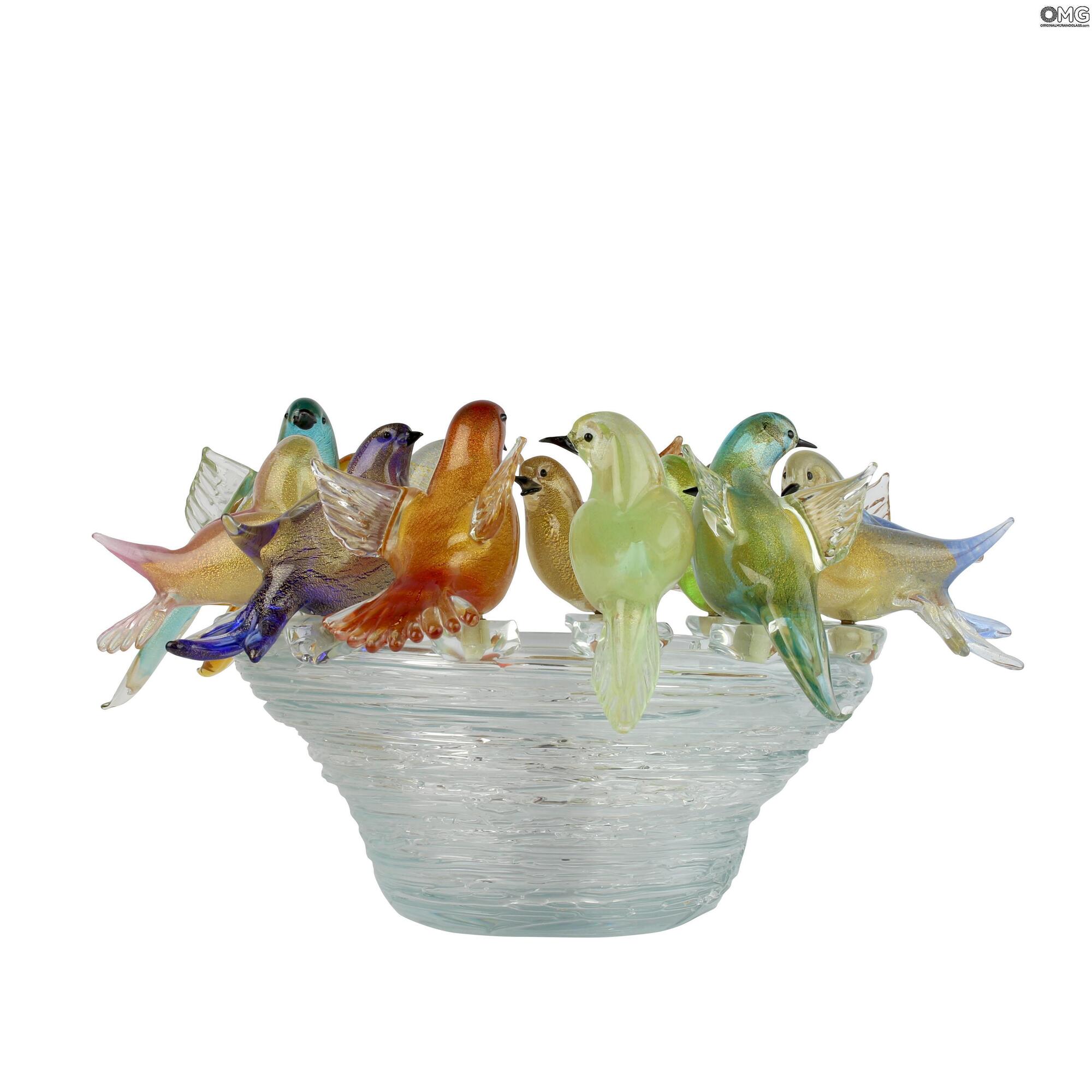 3905 ORIGINALMURANOGLASS Декоративная вазочка Птичье гнездо - янтарное 12 птичек - муранское стекло OMG 50 см  - Вид №1