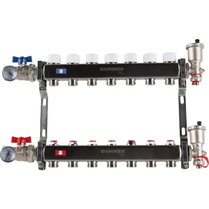Коллектор в сборе для радиаторного отопления Rommer 1"x3/4" 7 выходов нержавеющая сталь RMS-3210-000007