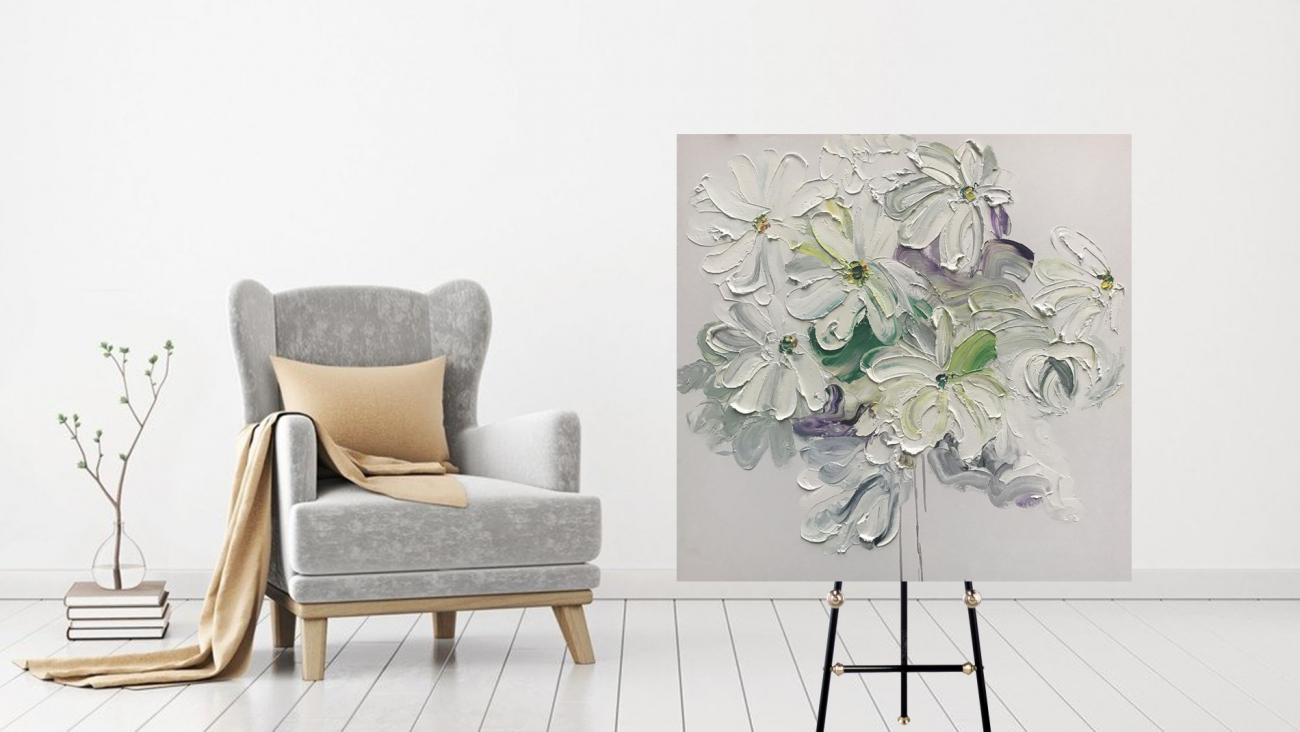 Картина на холсте 100х100 см "Превосходные ромашки" EVENHOME КАРТИНЫ МАСЛОМ 130030 Бежевый;белый;голубой;разноцветный  - Вид №1