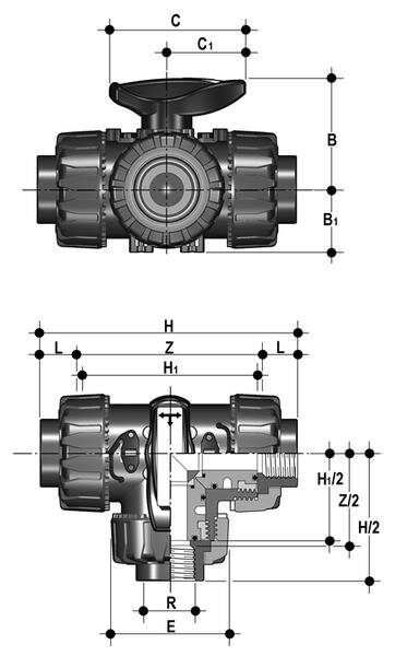 SANIT 842750210720253 3-ходовой шаровой клапан R 1/2 "- 2", ТКД DualBlock®, PP, L-отверстие, резьбовая втулка  - Вид №1