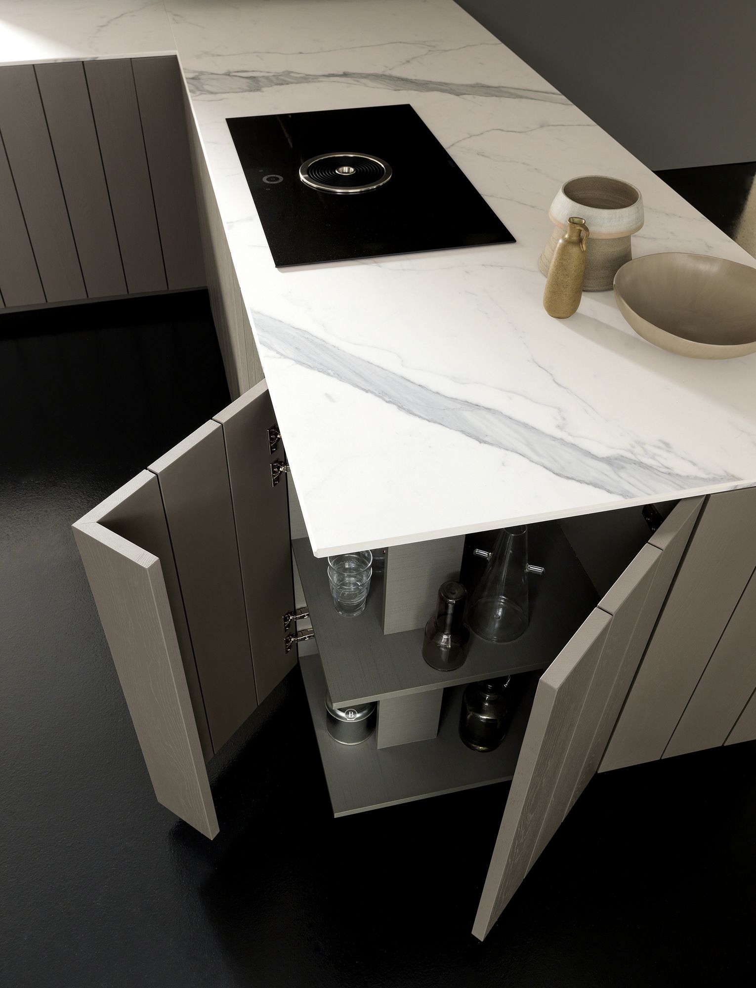 Деревянная кухня со встроенными ручками с полуостровом MODULNOVA Float ARCH-00004803 - Вид №1