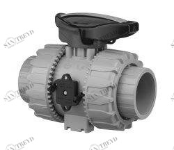 SANIT 123447X20020 2-ходовой шаровой кран d 16-63, ВКД DualBlock®, ПВХ-С, розетка растворителя, безопасность рычаг 