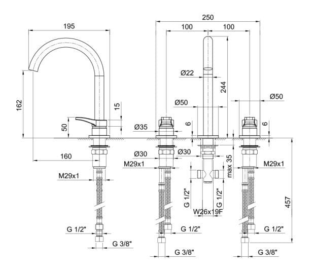 Смеситель для раковины с 3 отверстиями ABOUTWATER AL/23 ARCH-00030596 - Вид №3