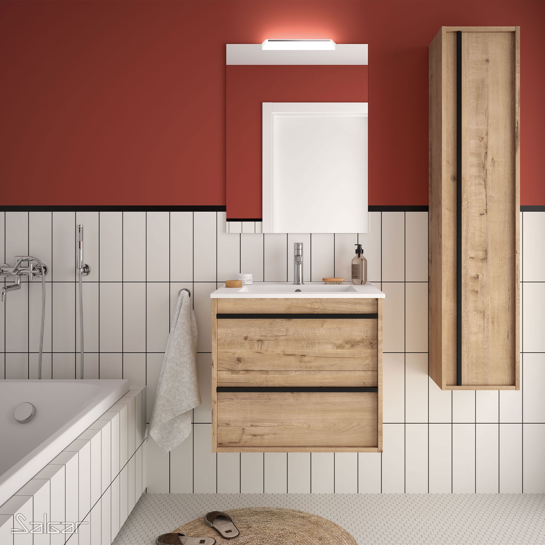 84938 SALGAR Комплект мебели для ванной ATTILA 600 OSTIPPO OAK + Раковина + Зеркало + Свет Робл Остиппо