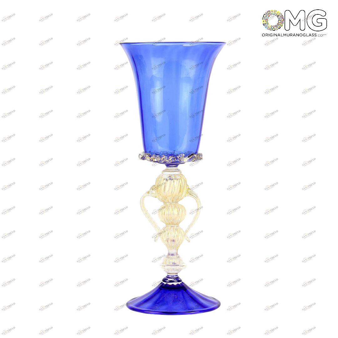 1936 ORIGINALMURANOGLASS Венецианский светло-синий бокал с фигурной ножкой - муранское стекло 9 см 