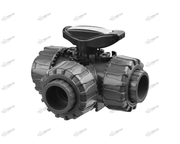 SANIT 755010106 3-ходовой шаровой клапан D 16-63, ТКД DualBlock®, PVC-U, Т-расточки цапф 