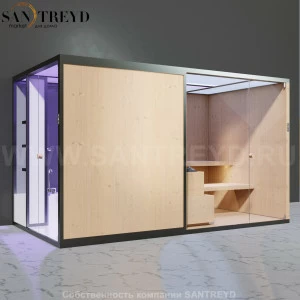 Effegibi BODYLOVE SH BL45130007 Боковая комбинированная баня: хаммам и сауна. Установка: к стене. Мощность: 15 кВт макс. Размеры: длина 393 см, ширина 176 см. Отделка: канадский хемлок, гладкое стекло и гладкий хемлок.