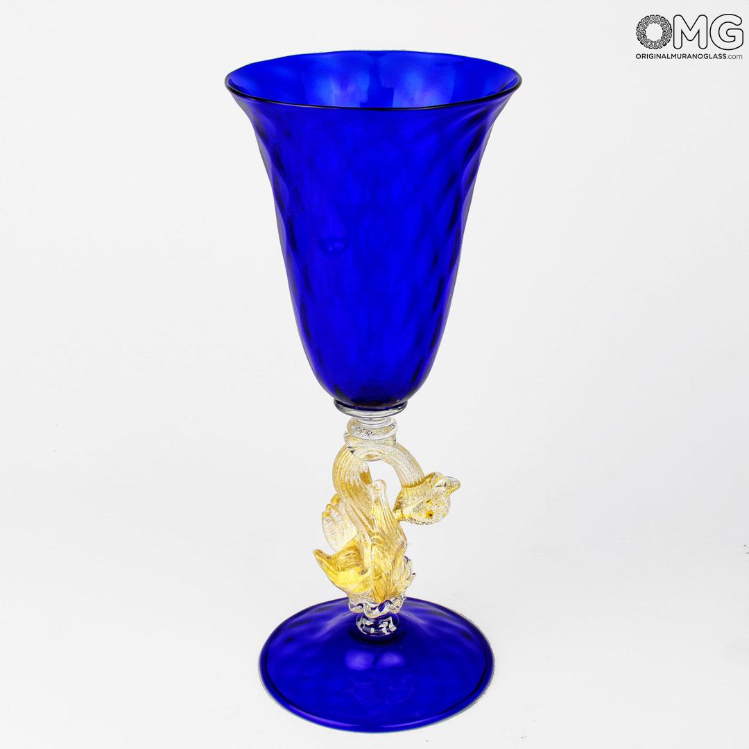 1011 ORIGINALMURANOGLASS Венецианский темно-синий бокал Золотой Лебедь - Blu Cigno Dorato - муранское стекло OMG 10 см  - Вид №1