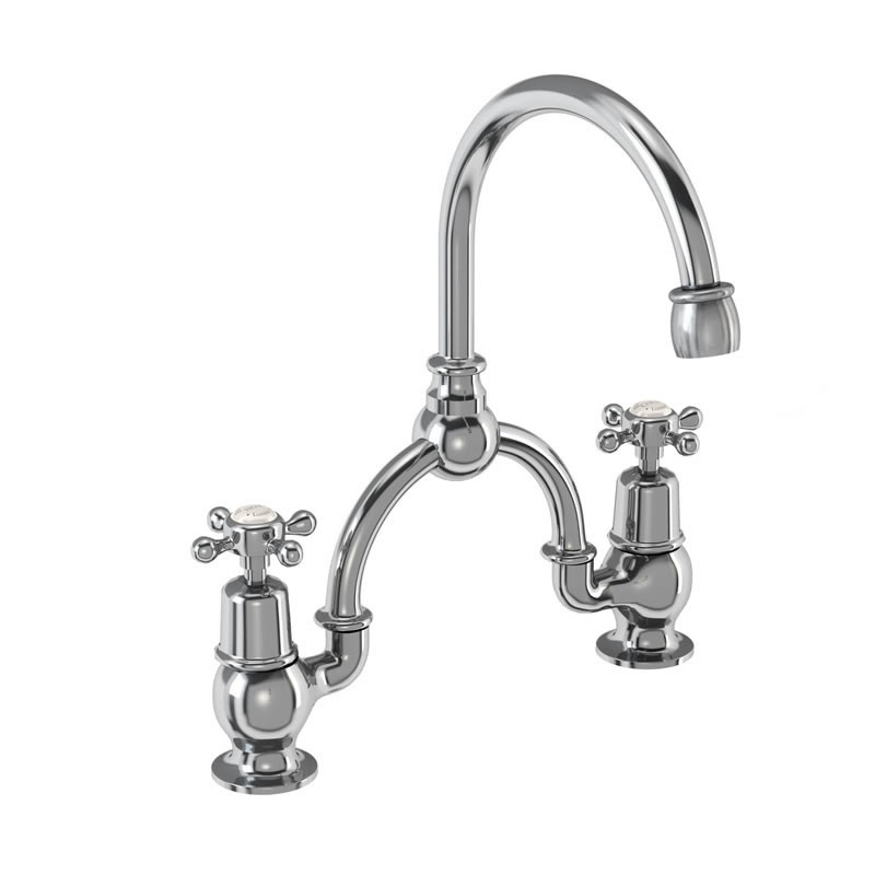 Burlington Арочный смеситель Claremont с 2 отверстиями и изогнутым изливом (центры 230 мм) Четверть оборота с белым акцентом CL28-QT  - Вид №2