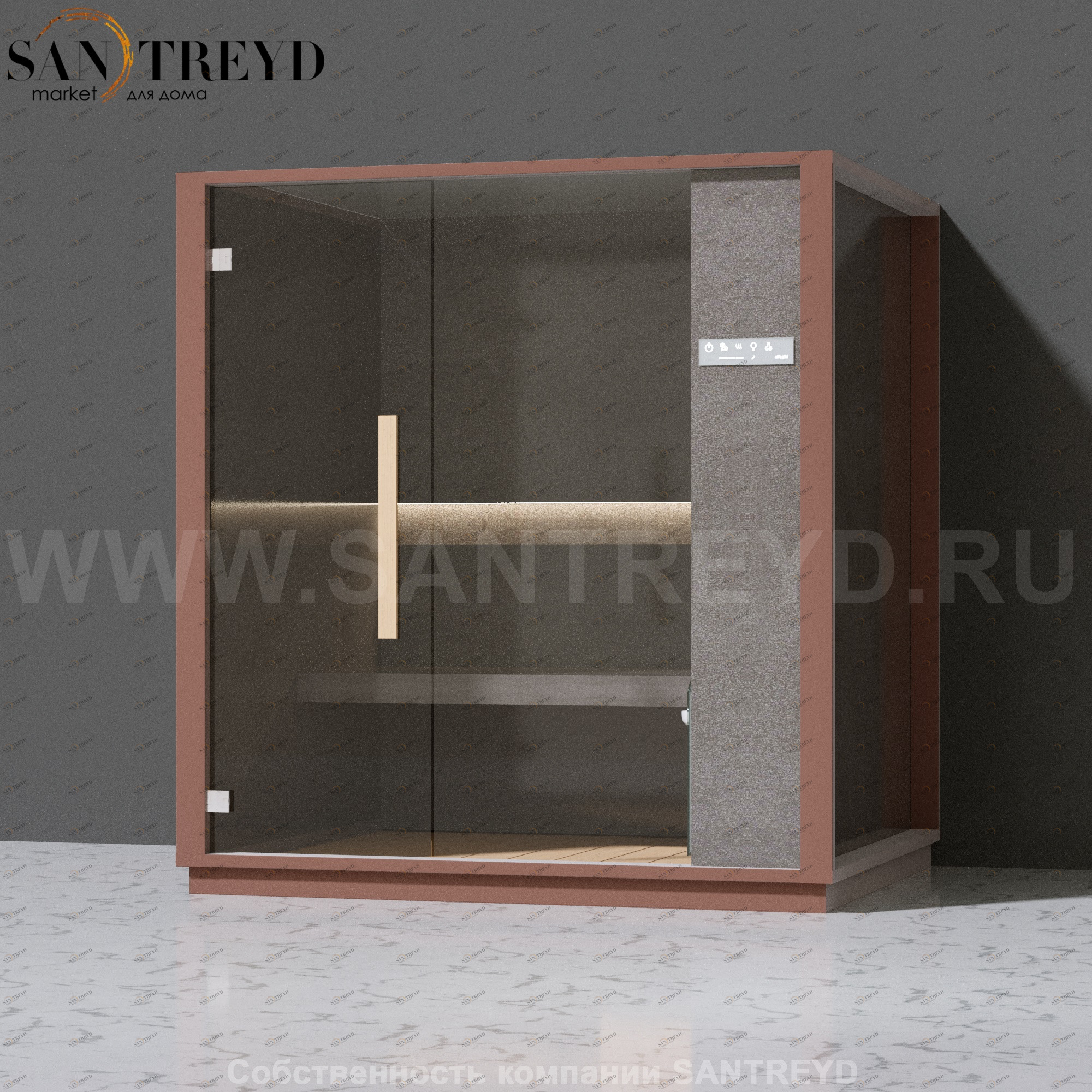 Effegibi ONE H LO60030001 Хаммам. Установка: к стене. Правая дверь. Мощность: 4,5 кВт макс. Размеры: длина 214 см, ширина 171 см. Отделка: Отделка: матовый лакированный коричневый аллюминий и темный ламинат из керамогранита.