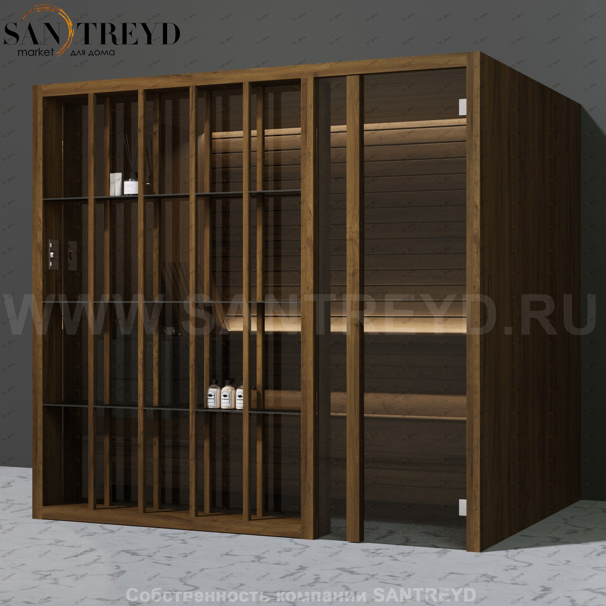 Effegibi YOKU.S105 SA.70100001 Сауна с правой дверью. Мощность: 10,5 кВт макс. Размеры: длина 230 см, ширина 200 см. Отделка: чёрный орех SA70100001