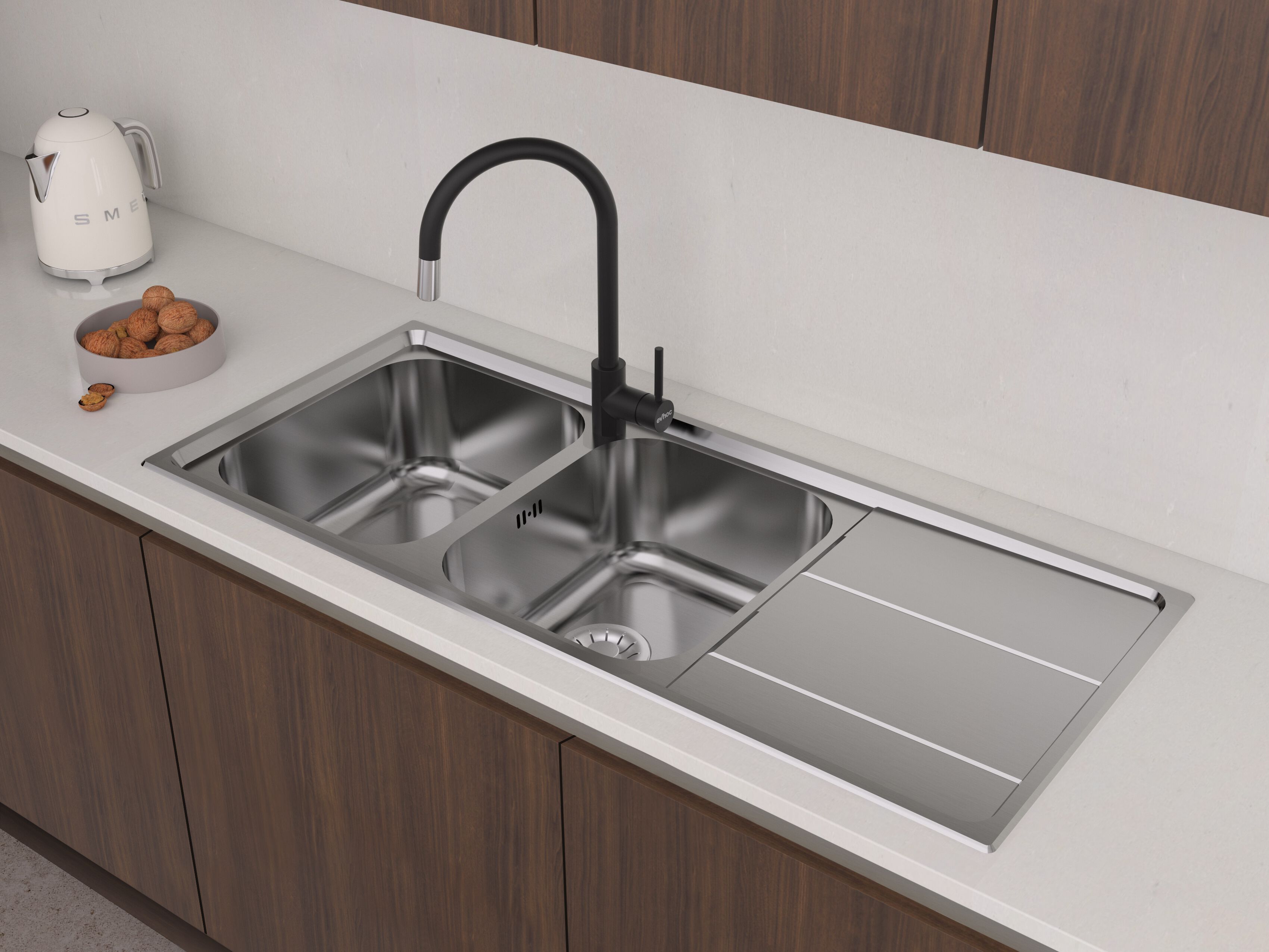 Раковина из нержавеющей стали с 2 чашами с капельницей Evhoc Aura ARCH-00111333