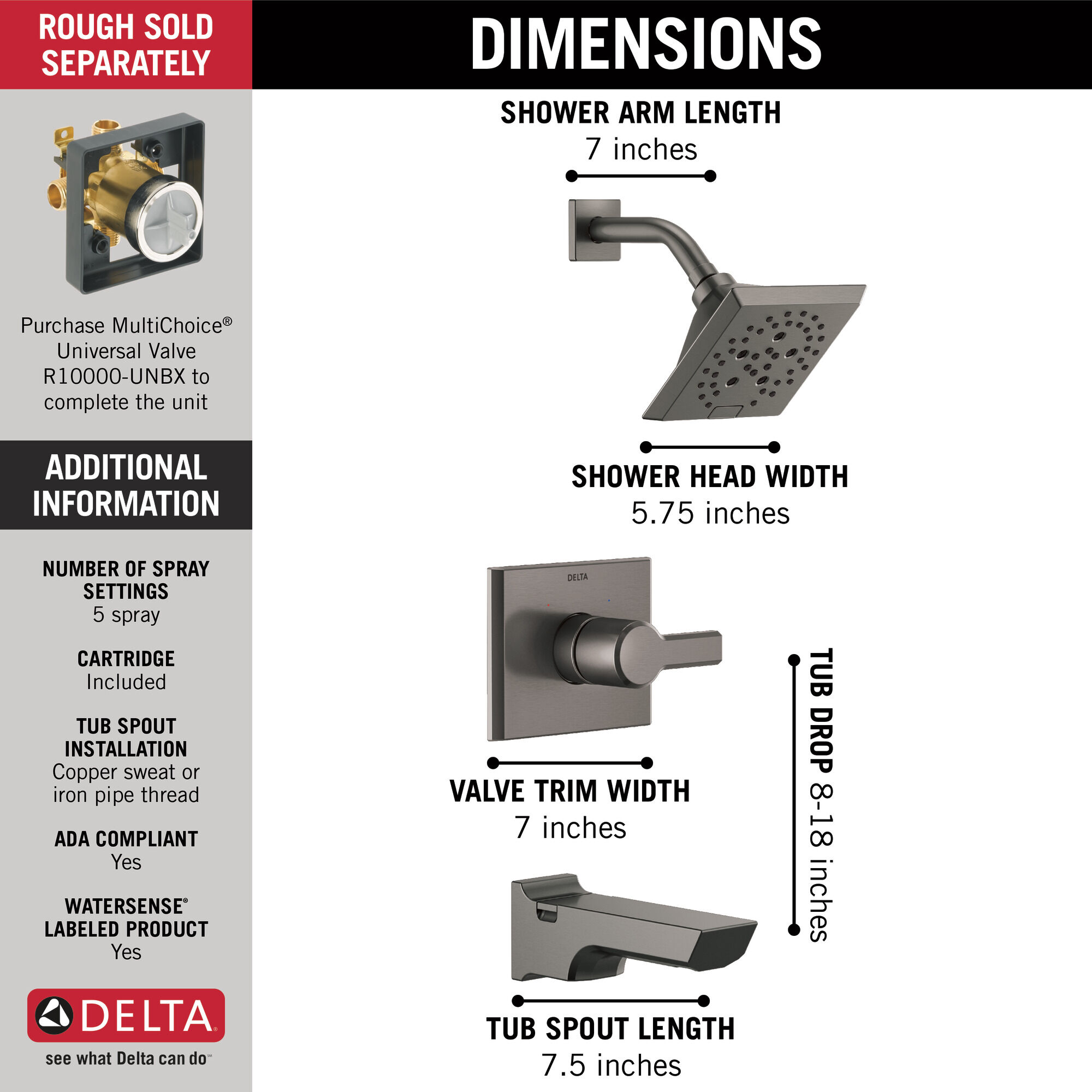 T14499-KS Monitor® 14 Series H2Okinetic® Ванна и душевая панель Delta Faucet Pivotal Черный нержавеющий  - Вид №2