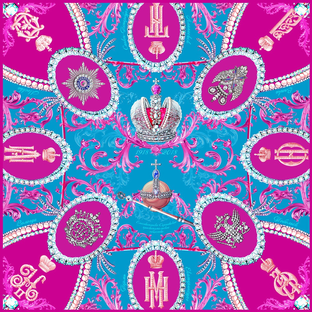 10637430 МД Нины Ручкиной Платок сувенирный "Императорский маршрут" лазурный, размер  110*110 см (100% шёлк) Шелк 