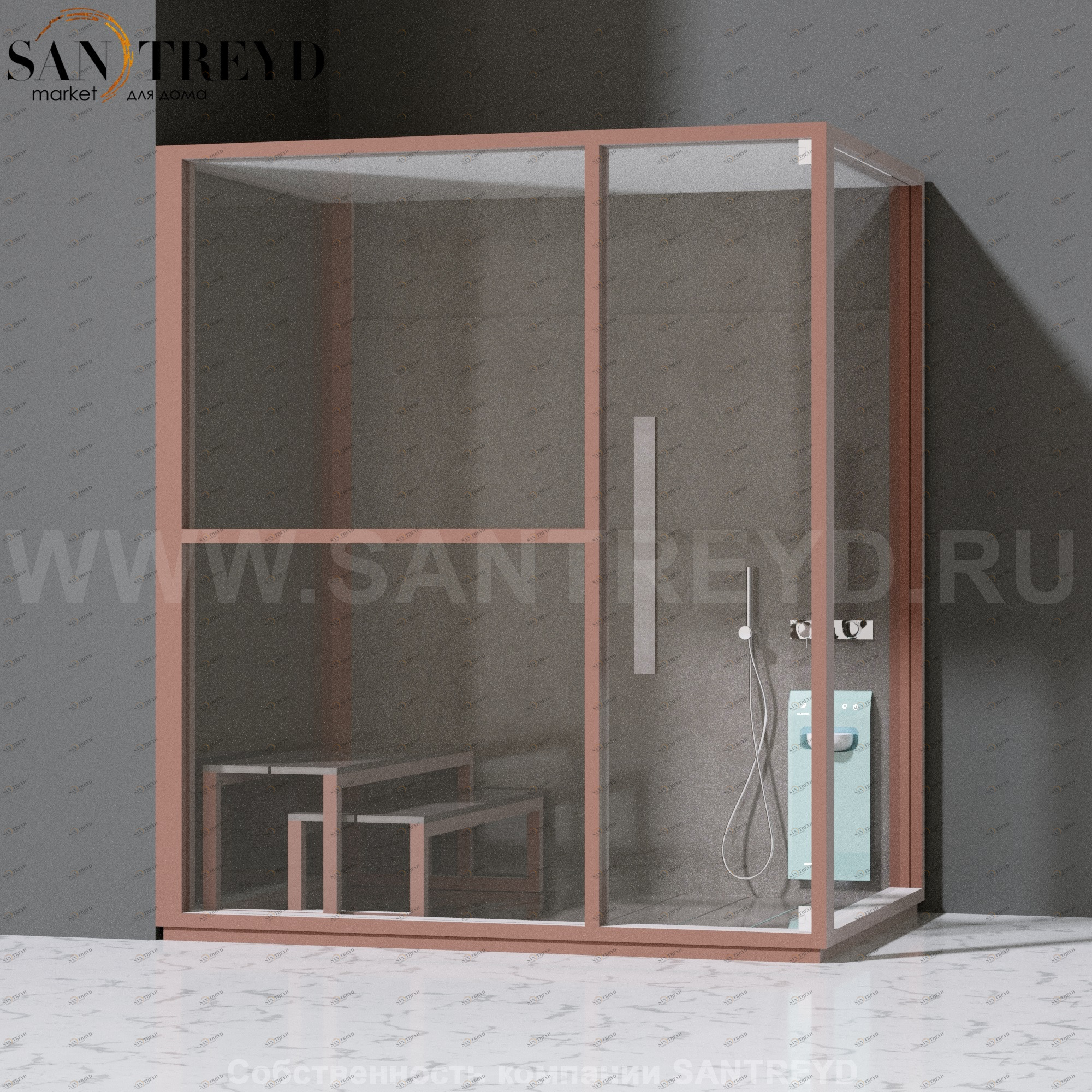 Effegibi H LARGE LO80030004 Комбинированная баня: хаммам и душ. Установка: в левый угол. Левая дверь. Мощность: 4,5 кВт макс. Размеры: длина 173 см, ширина 102 см. Отделка: матовый лакированный коричневый аллюминий и темный ламинат из керамогранита.