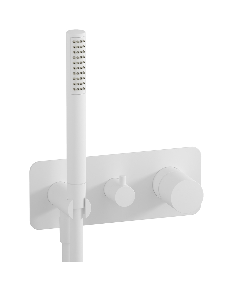 Внешние части встроенного в стену смесителя на 3 потребителя в комплекте с душевым гарнитуром. WE ARE IB rr314bo Matt White Brera