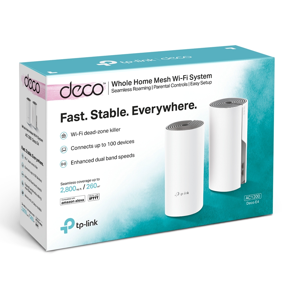 Deco E4(2-pack) Ac1200 whole-home mesh wi-fi system, qualcomm cpu, 867mbps at 5ghz+300mbps at 2.4ghz, 2 10/100mbps ports, 2 internal antennas, mu-mimo TP-Link Santreyd  - Вид №4