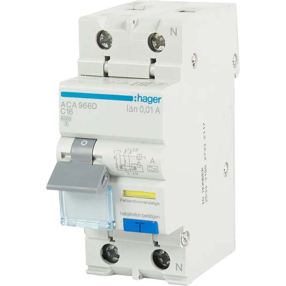 Дифференциальный автомат Hager A966D 1P N C16 A 10 мА 6 кА A STLM-2110581