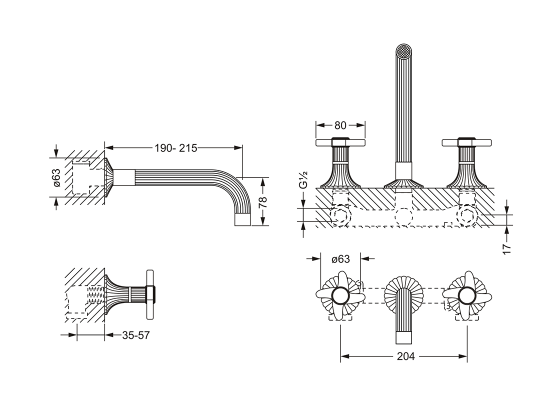 Смеситель для раковины на 3 отверстия ½", настенный монтаж, внешняя часть JOERGER Cronos 637.30.360.000 - Вид №1