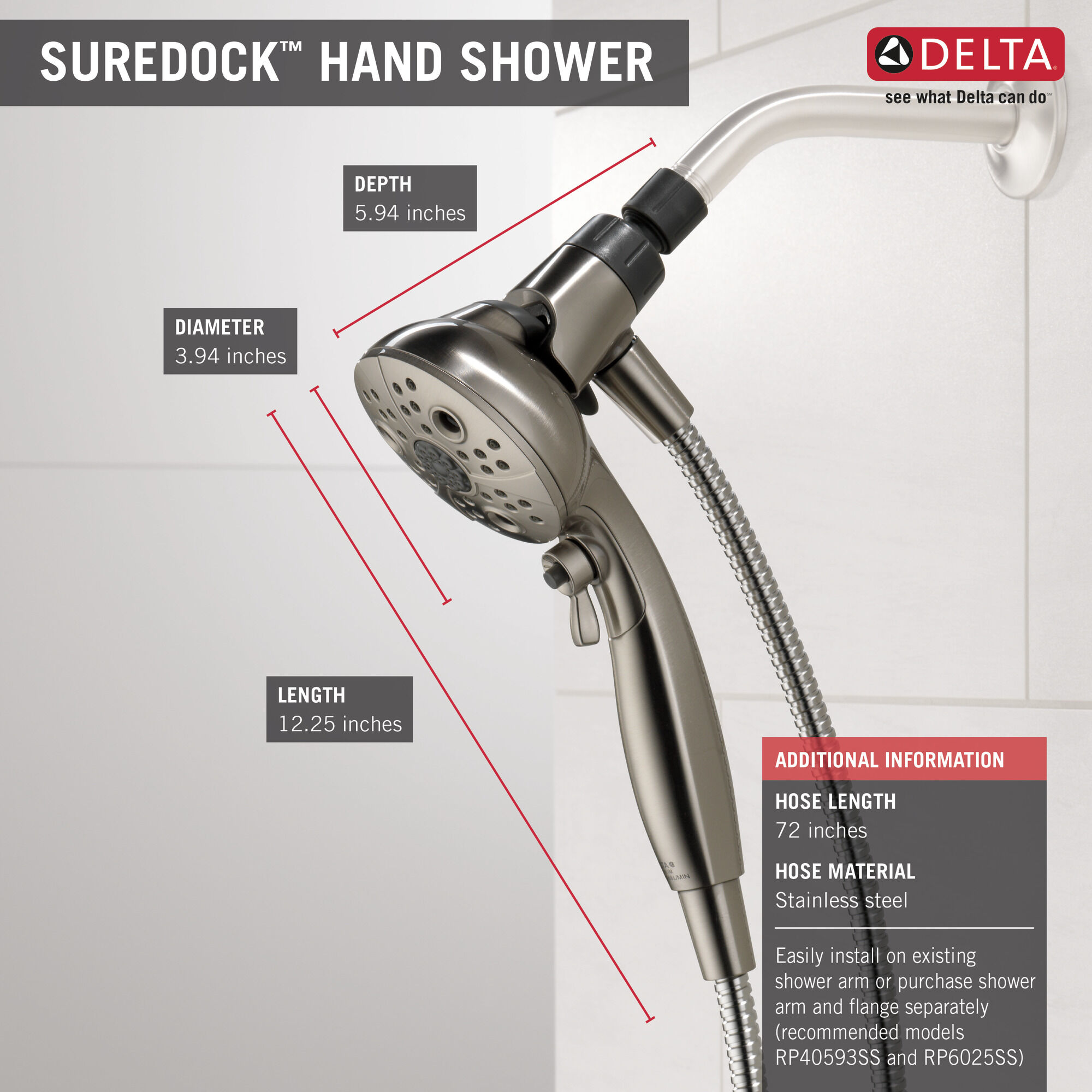 Ручной душ SureDock ™ с 5 настройками Delta Faucet 75507SN - Вид №11