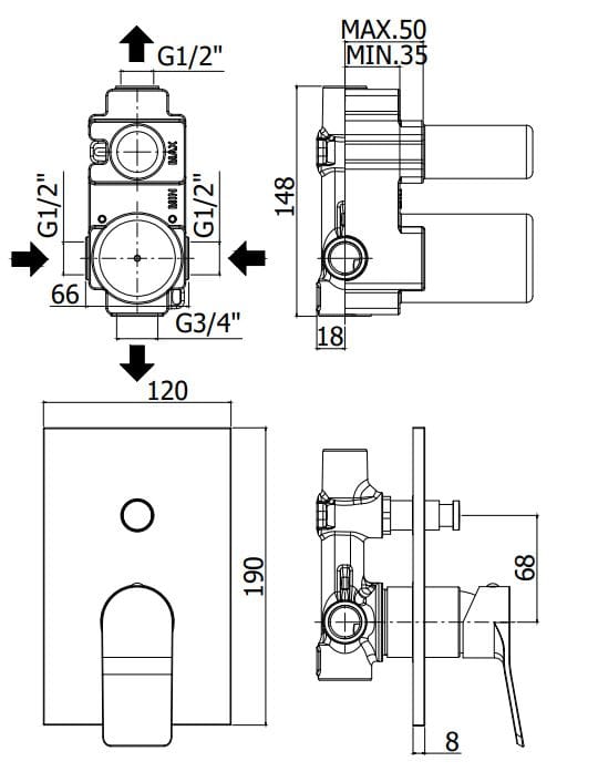 Встраиваемый смеситель для душа с переключателем RUBINETTERIA PAFFONI Tilt ARCH-00006712 - Вид №2