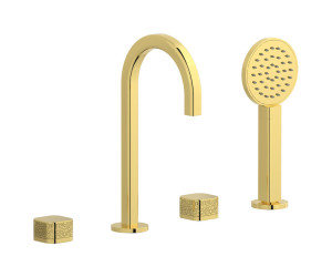 Смеситель на бортик ванной на 4 отверстий с дивертером и душевым гарнитуром. WE ARE IB eo396oo_2 Gold Elio